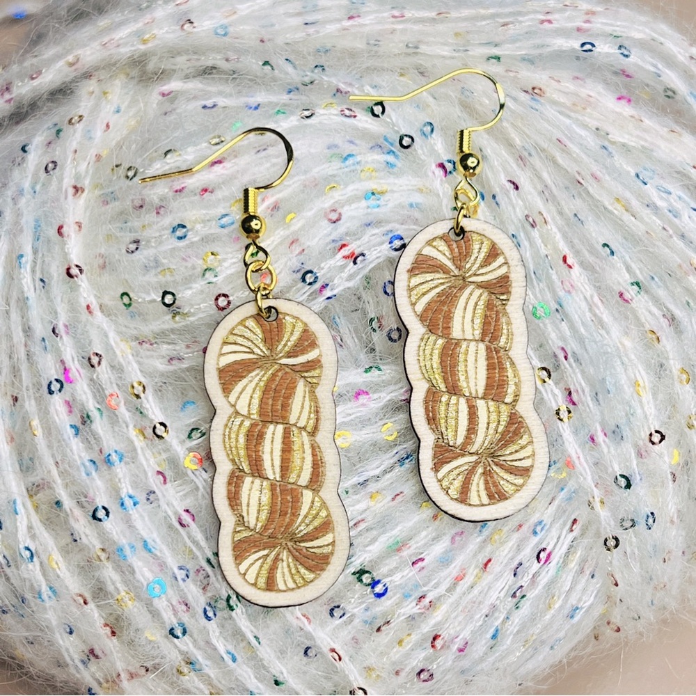 Handcrafted wooden yarn skein drop earrings, brown sugar